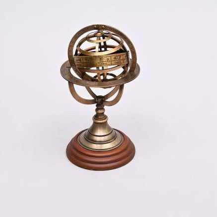 Decorative 4inch Brass Armillary Sphere With Wood Base For Desk Or Shelf Display