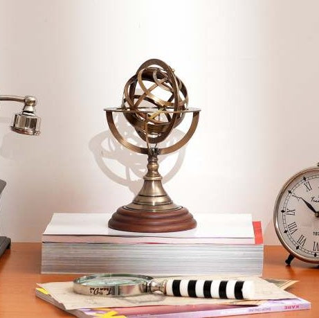 Decorative 4inch Brass Armillary Sphere With Wood Base For Desk Or Shelf Display