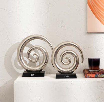Aluminum Swirl Abstract Sculptures With Black Base  Modern Decor, Set Of 2