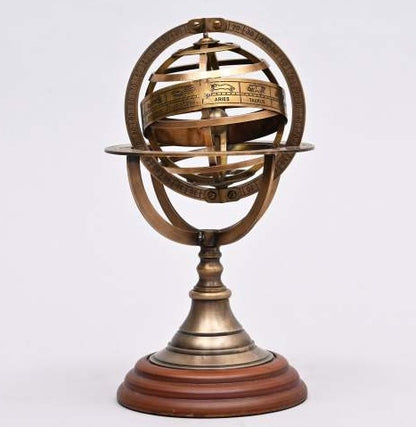 Decorative 4inch Brass Armillary Sphere With Wood Base For Desk Or Shelf Display